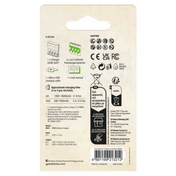 GP Batterijlader   4x oplaadbare batterijen AA 2100mAh ReCyko   Micro USB-lader