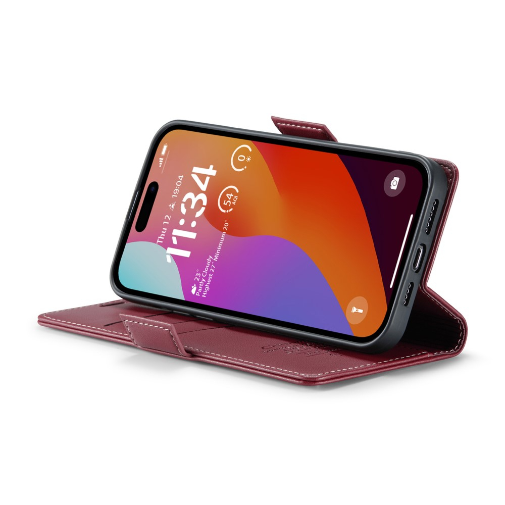 iPhone 16 Pro Max Leder Tasche Flip Wallet Etui mit Kartenfächern Litchi Look (RFID Schutz) - Dunkelrot