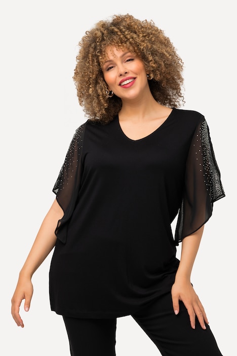Tunika, Glitzersteinchen, A-Linie, V-Ausschnitt, 3/4-Arm