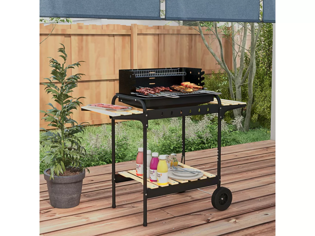 Barbecue à charbon sur pied grille réglable 2 roues 3 étagères récupérateur de cendres noir