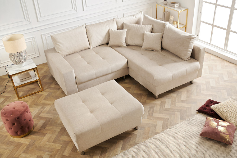 Moderne Wohnlandschaft KENT 220cm champagner beige Vogue Velours Samt Federkern mit Hocker