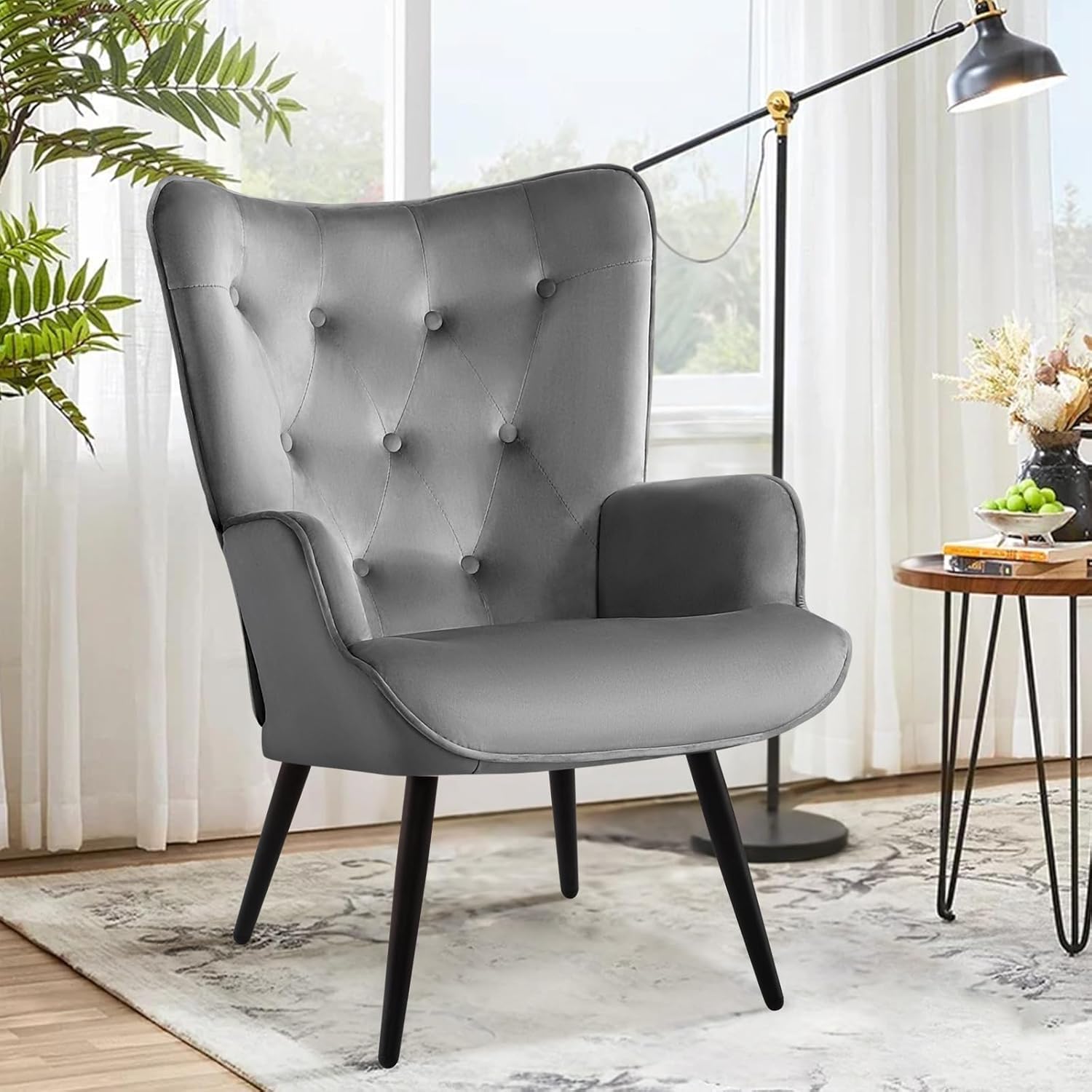 Ohrensessel Sessel Wohnzimmer, Skandinavischer Stil Relaxsessel aus Samt mit Hoher Rückenlehne Loungesessel Polstersessel fürs Wohnzimmer Schlafzimmer Arbeitszimmer Gästezimmer, Grau