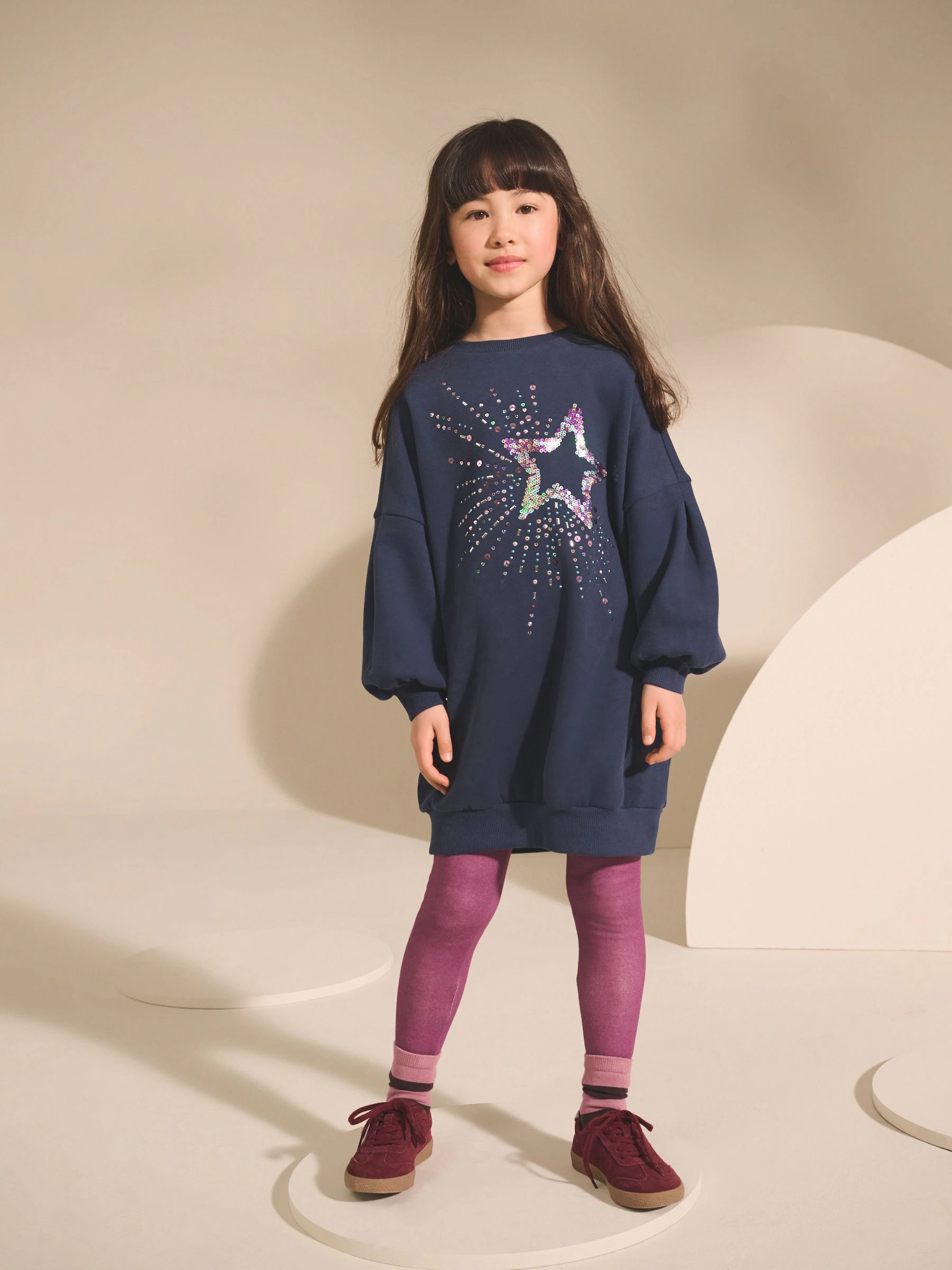 Marineblauw met lovertjes en sterrenprint - Trui-jurk (3-16 jr)