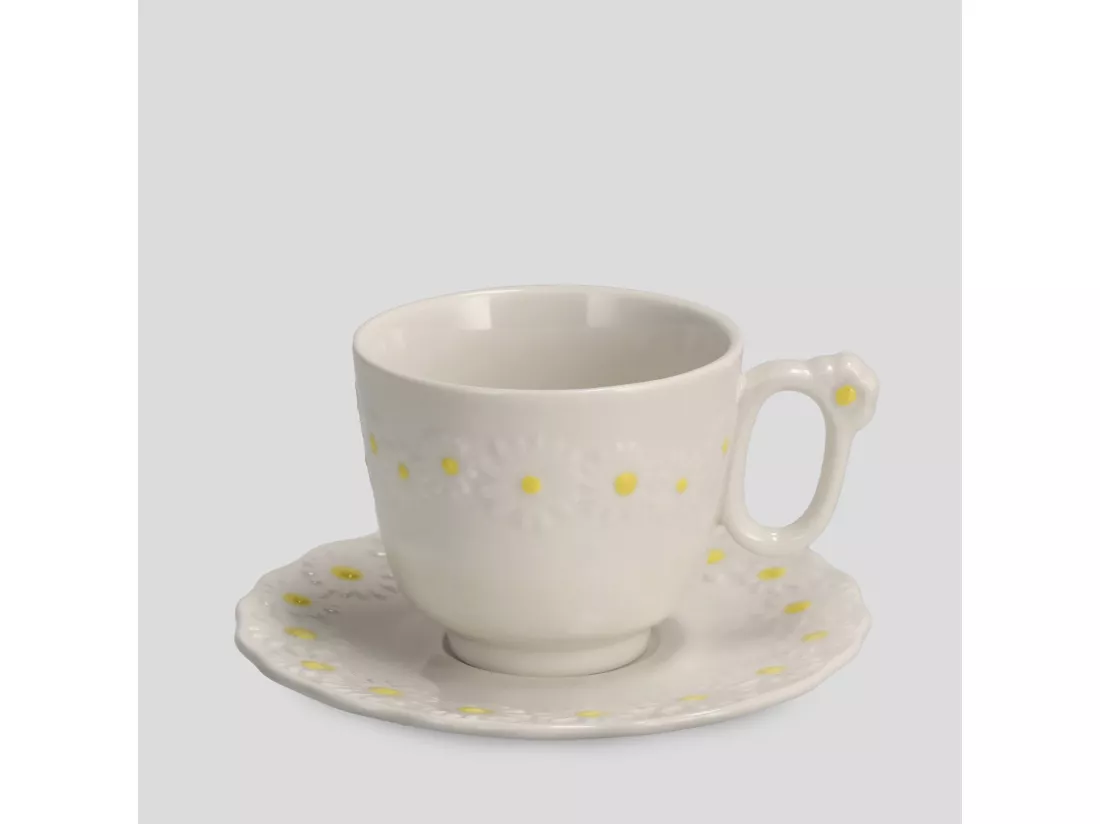 Tasse en Porcelaine Fine avec Soucoupe Daisy Blanc Moyen 7.7 x 13.5