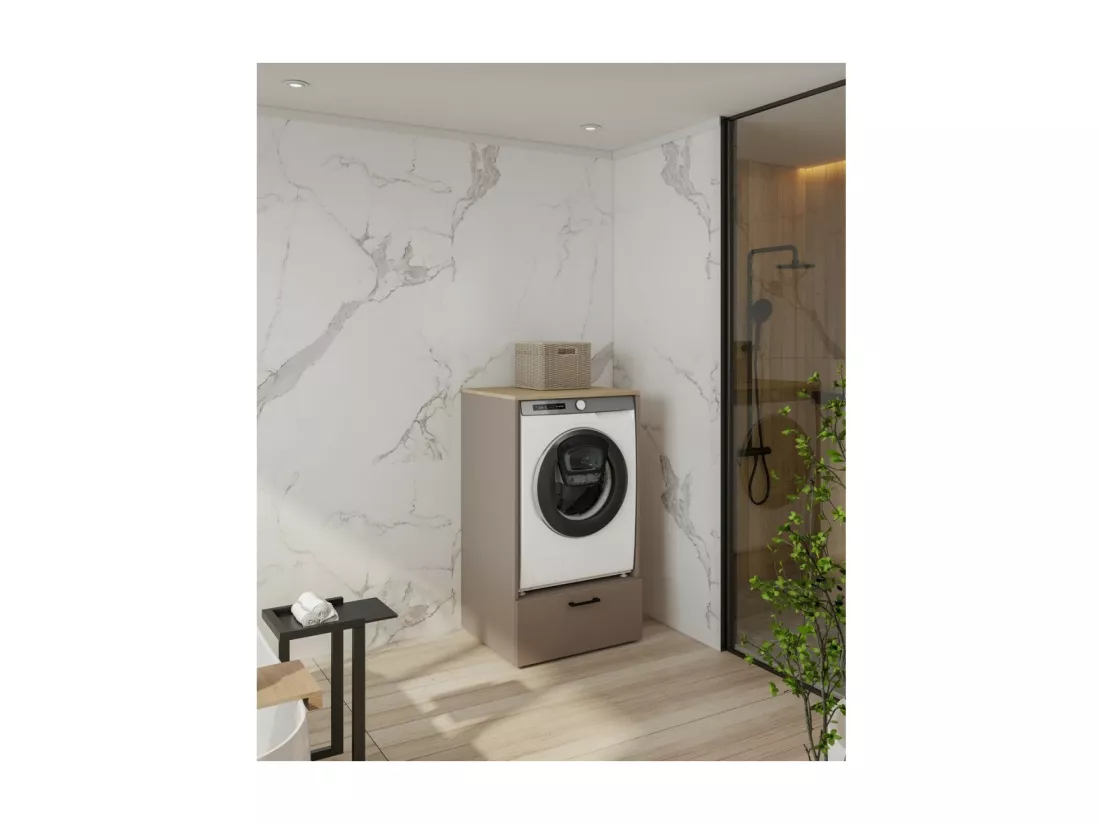 Meuble de rangement pour machine à laver collection WASHING – 1 tiroir – Taupe et chêne