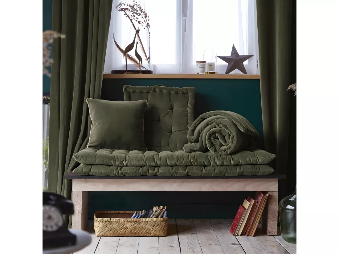 HARRIS - Coussin Déhoussable 45x45cm Velours de Coton Coloris Thym