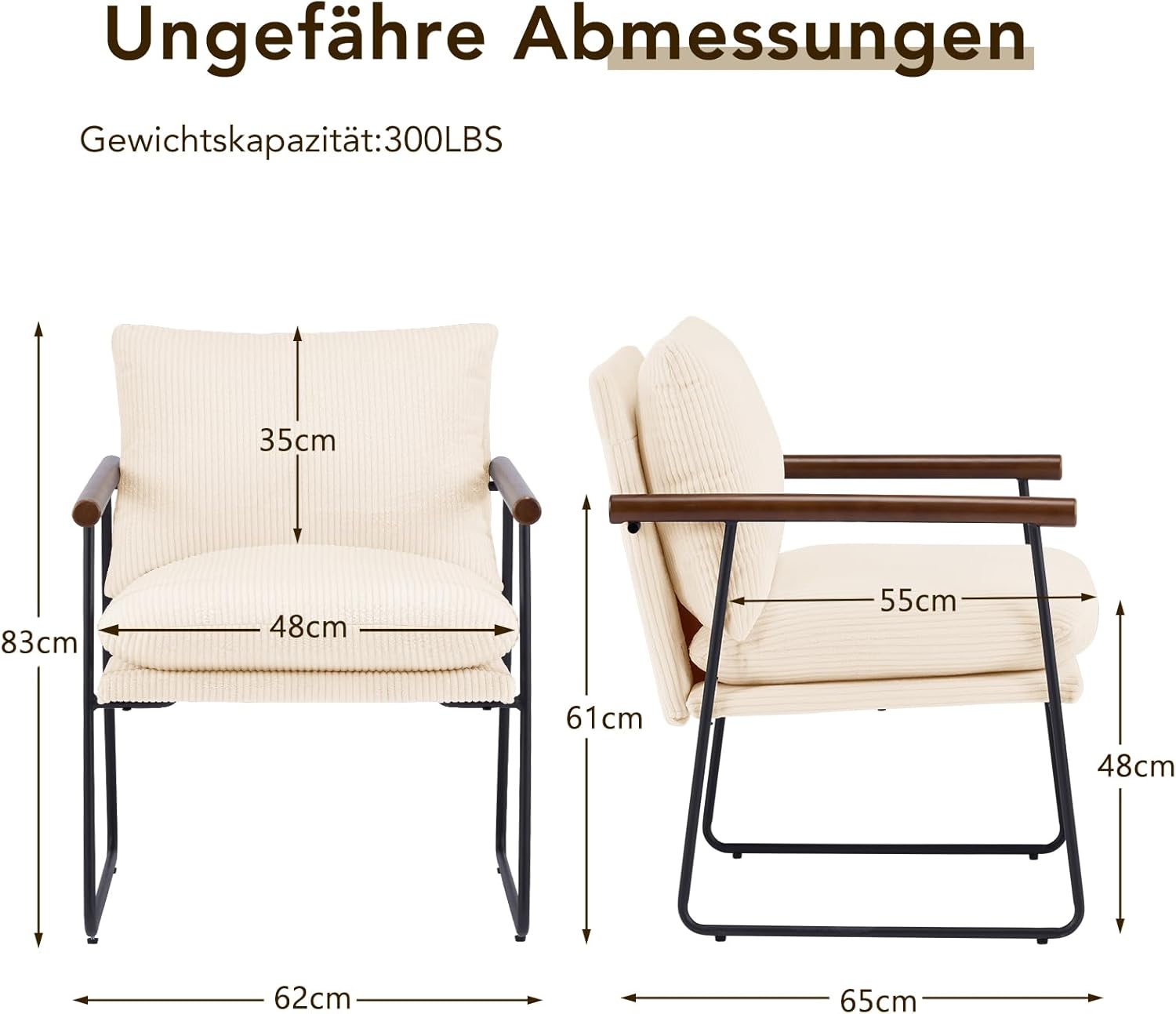 Extragroß Ohrensessel Sessel Wohnzimmer 65x62x83cm，Sessel•Loungesessel•Relaxsessel mit Metallrahmen und Polsterung, Polstersessel Bouclé für Wohnzimmer Schlafzimmer, Cord, Beige, 1 Stück