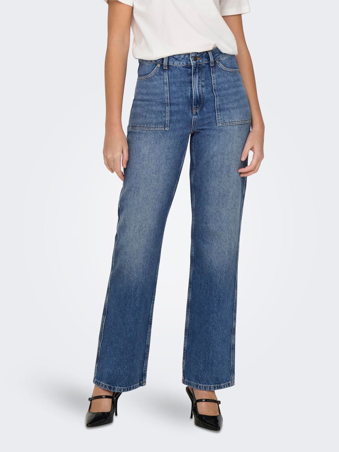 JDYMAYA Hohe Taille Weiter Beinschnitt Jeans Medium Blue Denim