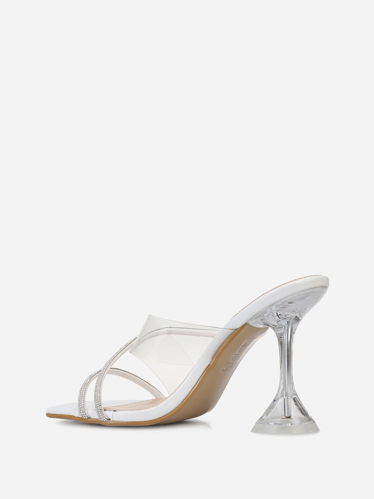Mules à brides strass et talon transparent- Blanc