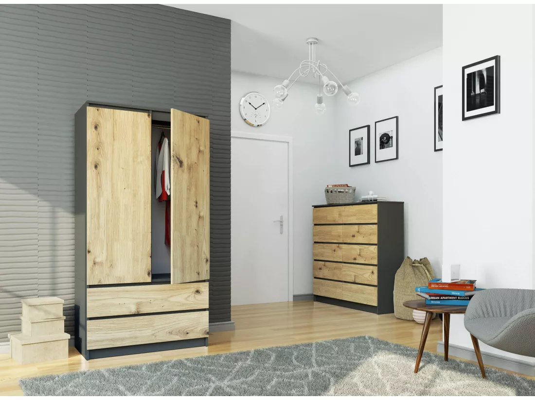 Armoire AKORD S90 Gris Graphite 90 cm 2 portes 2 tiroirs façade Chêne Artisan 4 étagères 90x51x180 cm