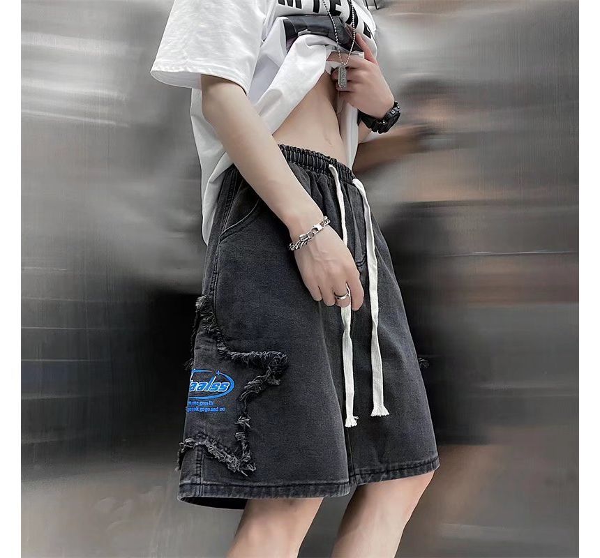 Urtishia - Lettering Distressed Denim Shorts