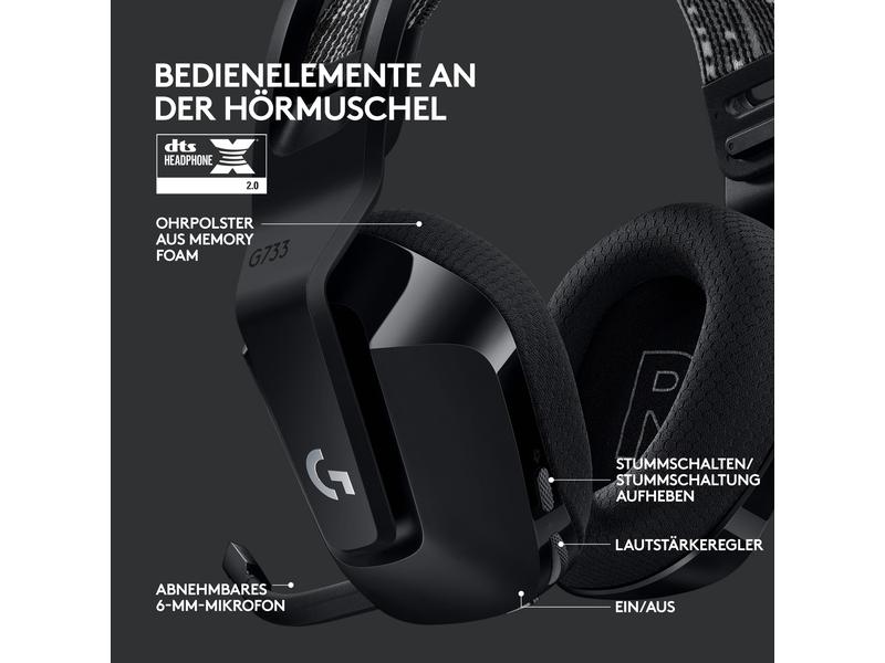 Logitech Headset G733 Lightspeed Schwarz Wireless-Gaming-Headset mit DTS 7.1 Surround-Sound und RGB Beleuchtung