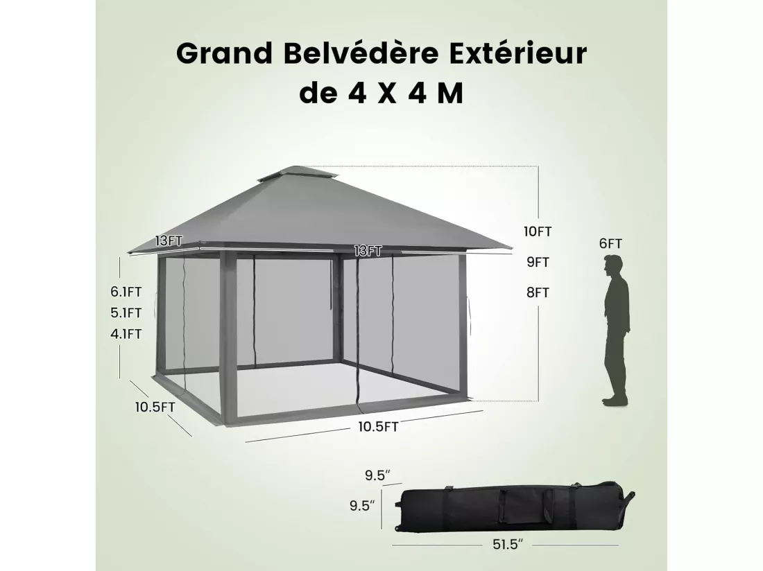 Tonnelle de Jardin Pliante 4 x 4M Pop-up avec Parois Latérales en Maille à Fermeture Éclair, Tente Réception Double Toit Hauteur Réglable Sac de Transport Anti UV,Gris