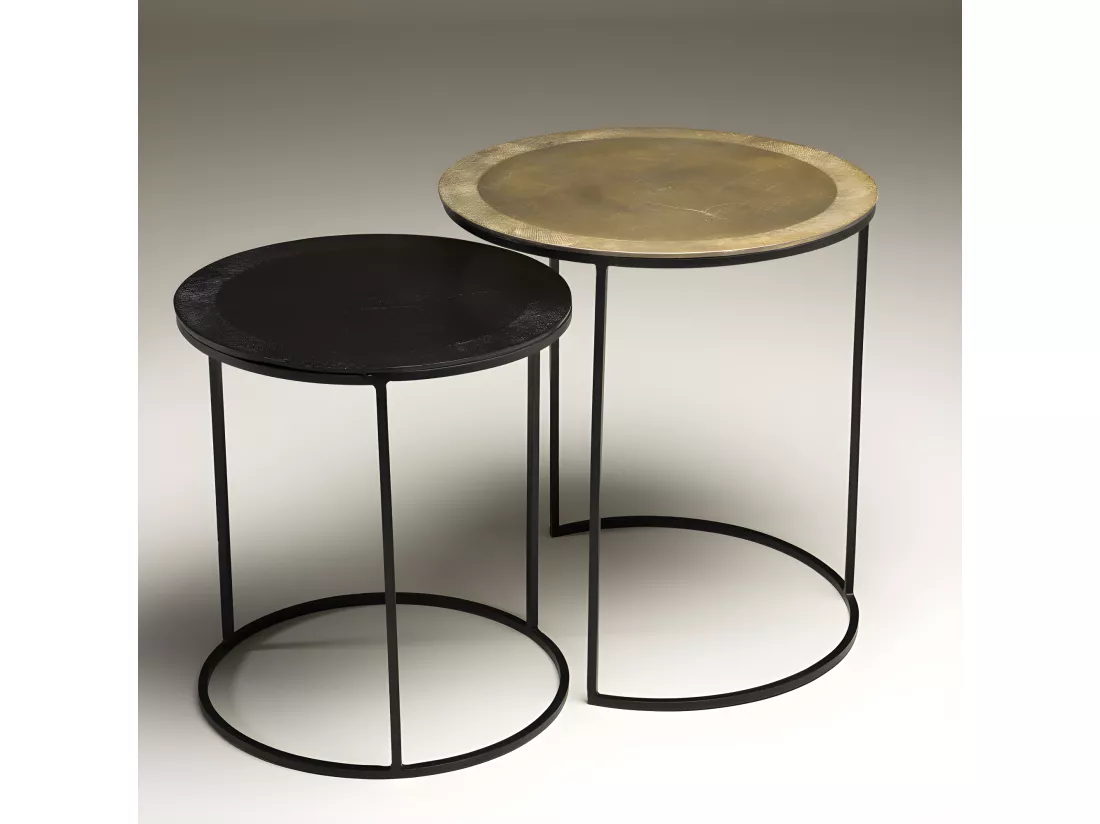 JONAS - Set de 2 tables d'appoint gigognes rondes aluminium doré et noir - pieds ronds métal noir