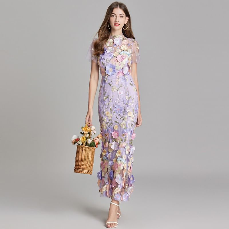 Aurora - Maxi-zeemeerminjurk met korte mouwen en geborduurde bloemen