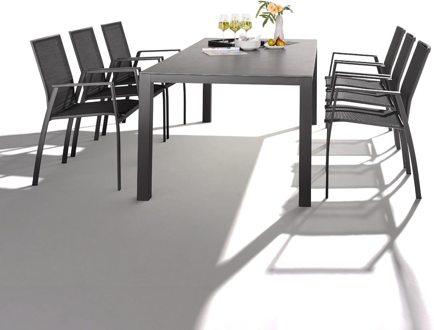 Gartenstuhl 2er-Set Pellaro - 2 Stück Stapelstuhl - wetterfest - fertig montiert - Alu mit Textilen - stapelbar - für Garten, Terrasse, Balkon - Alu-Armlehnen anthrazit