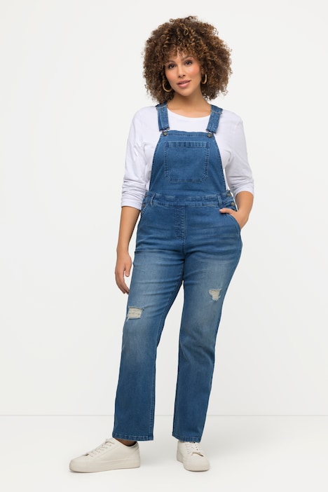 Jeans-Latzhose, ausgestelltes Bein, Destroy-Effekt
