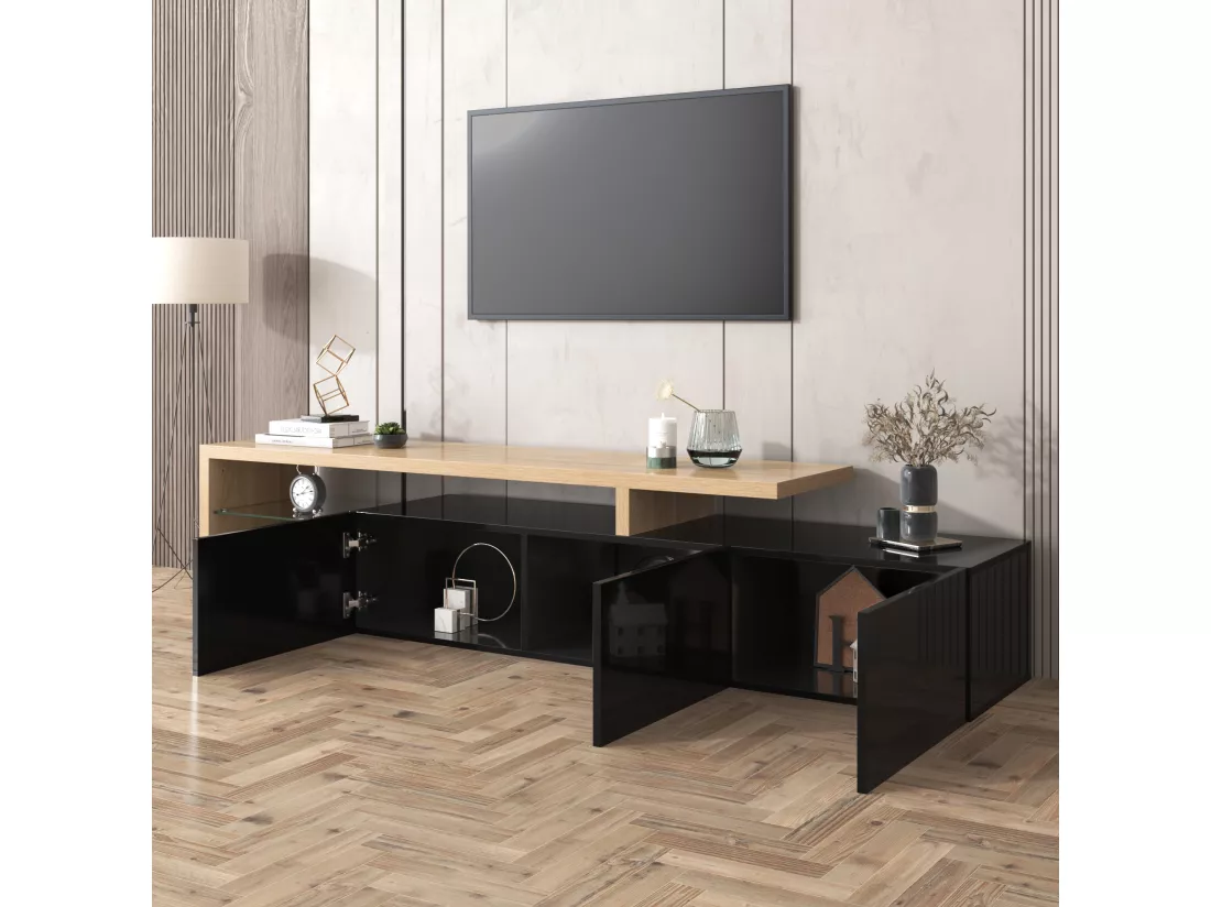 Meuble TV 200 cm - 3 portes et 2 compartiments en verre - style moderne - Noir & Naturel