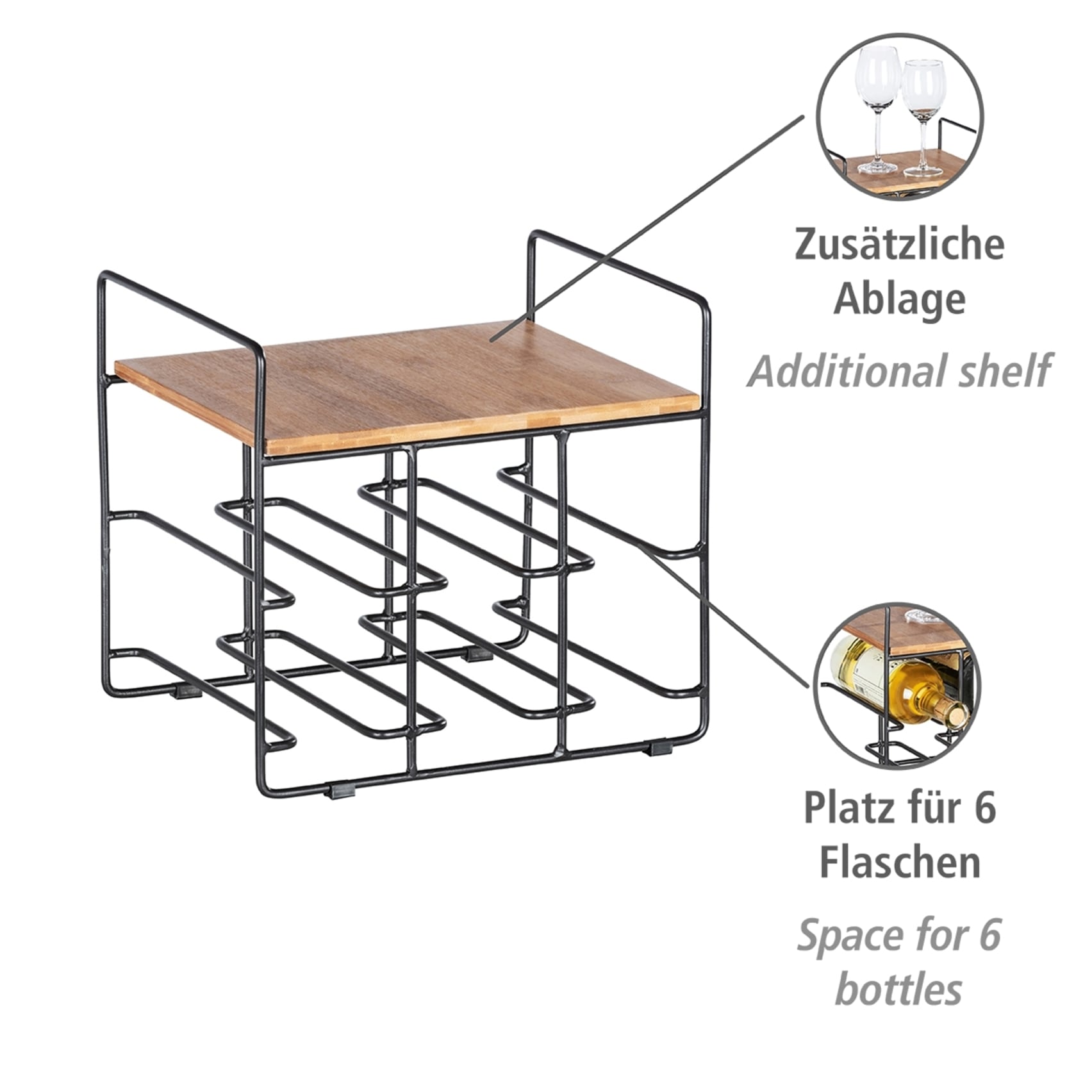 WENKO Weinflaschenhalter »Modell Loft« Flaschenregal für 6 Flaschen mit Ablage, Metall und Bambus