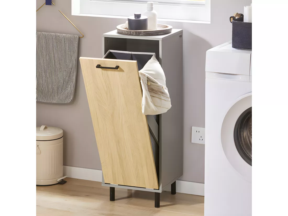 SoBuy Armoire de Salle de Bain, Armoire à Linge, Corbeille à Linge, Meuble Bas de Salle de Bain avec 1 Panier à Linge sur Pieds, Couleur Bois et Gris, 31,5 x 30 x 86 cm, BZR132-NG