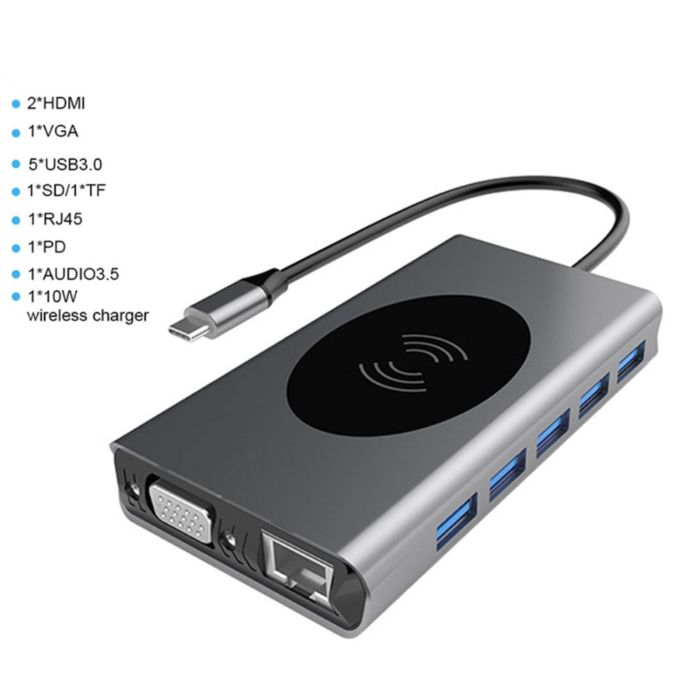 14in1 USB C Multiport Adapter mit Qi-Charger / 2x 4K HDMI / VGA / USB C / 5x USB 3.0 / LAN / 3.5mm Audio / SD & Micro SD Kartenlesegerät - Grau