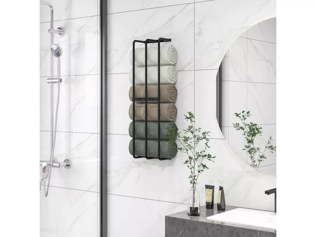 Porte-serviettes mural 3 barres - 6 serviettes max. - dim. 21L x 12l x 74H cm - métal noir