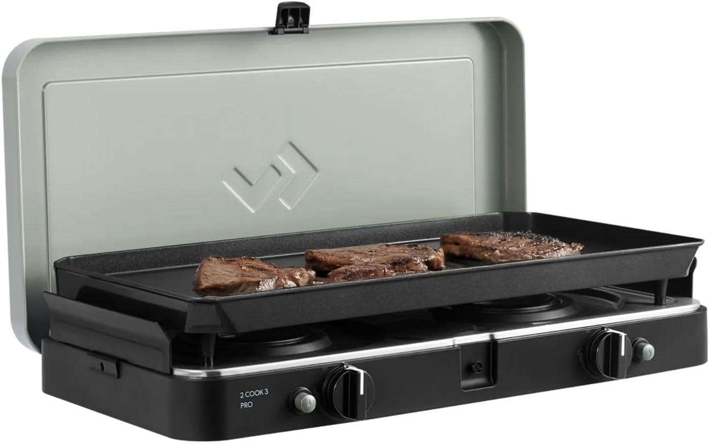 CADAC - 2 Cook 3 Pro Deluxe - 50mBar - Grillen - Tragbare Grills - Kochfläche aus Edelstahl - Inkl. Tragetasche - Campingplatz - BBQ-Must-Haves - Grau Grün