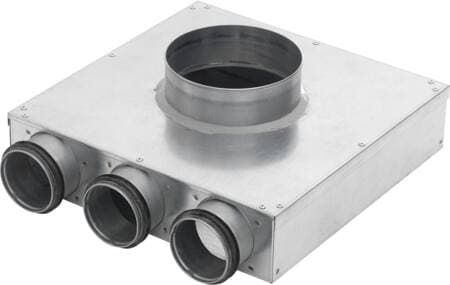 LINDAB InDomo ventilboks PVCU 100 til ventil ø100 med 2 afgange ø63 med Safe tætning for rør SR63 eller slange LFPE63/LFPEB63. Højde 38 mm.