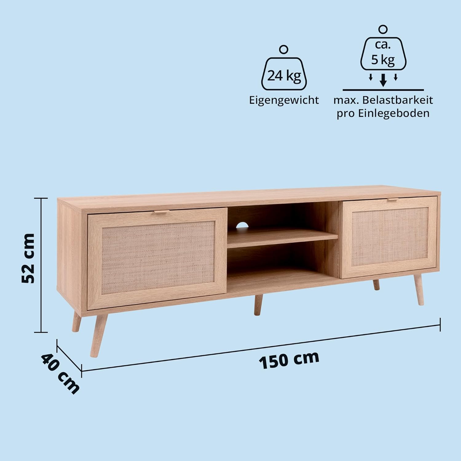 KHG TV-Lowboard hell-braun mit 2 Türen und 2 offenen Fächern modern Eiche-Optik, TV-Bank aus Holzwerkstoff Rattan-Optik, Gestell aus Massivholz - 150 x 52 x 40 cm (B/H/T)