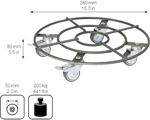 Wagner stalen installatiewagen, Ø 38 cm, draagvermogen 200 kg, grijs
