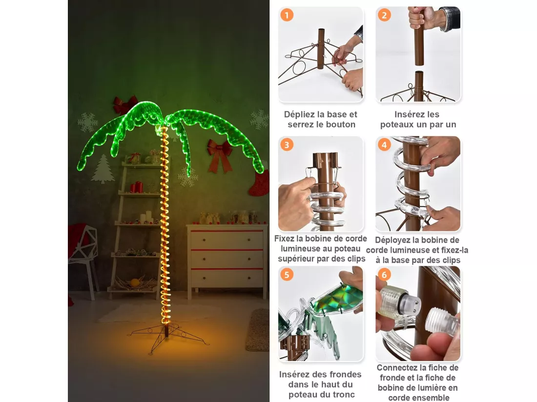 Palmier Artificiel LED Hauteur 136 cm, Lampe Motif de Cocotier d'Intérieur et d'Extérieur, avec Base Pliante, 60Hz/8W