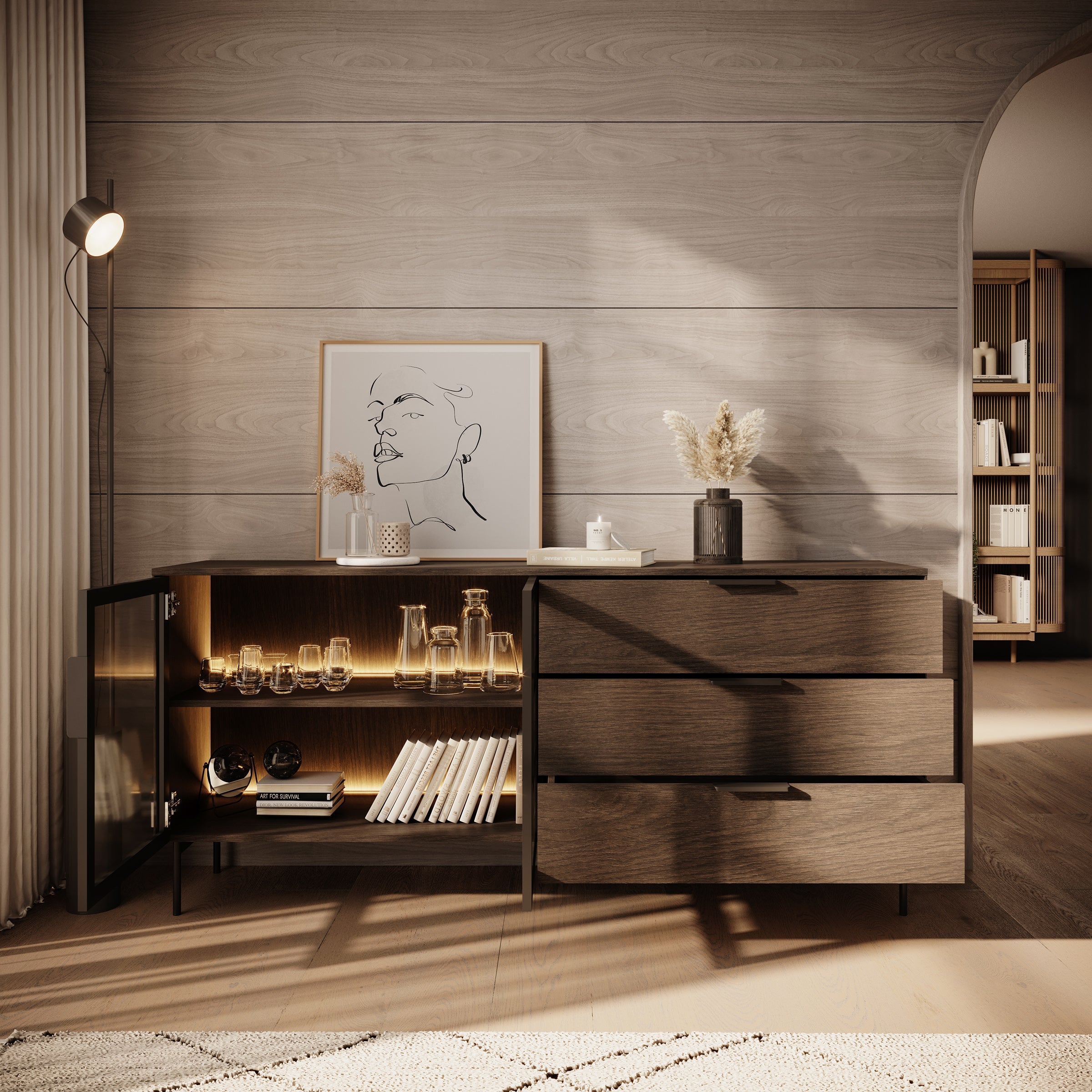 Meubella - Lomo - Dressoir 3 lades - Donker eiken - 181 cm