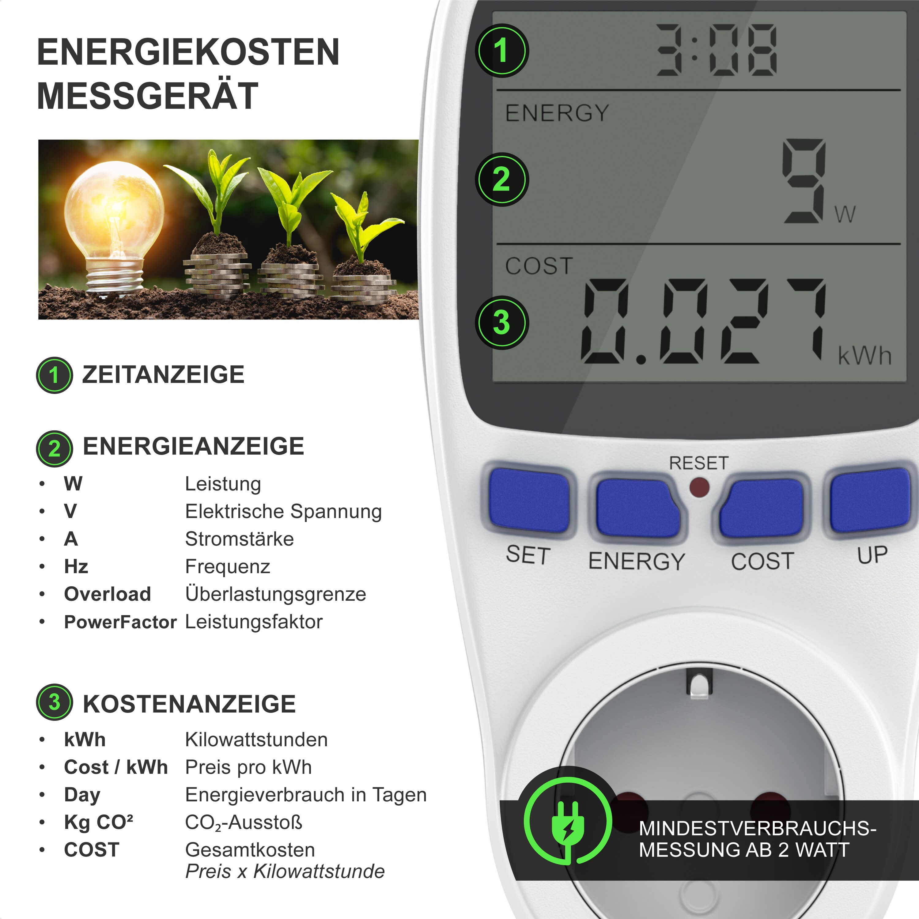 CSL Energiekostenmessgerät - Stromverbrauchszähler, Energiekosten Anzeige - Stromzähler - 3680W - Energiemessgerät mit integriertem Berührungsschutz