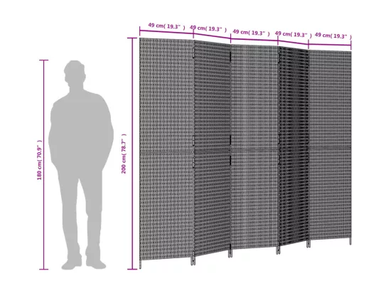 Cloison de séparation 5 panneaux noir résine tressée