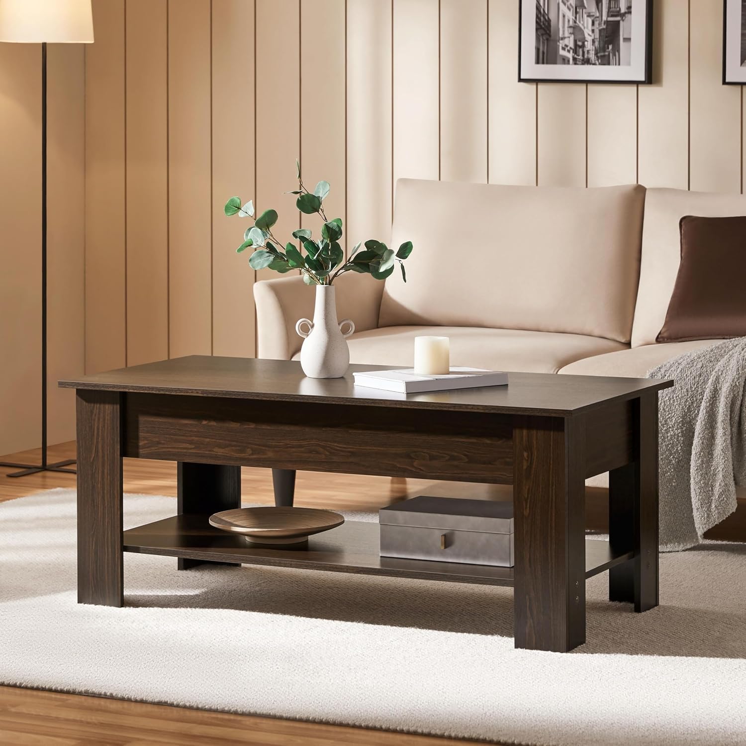 Yaheetech Couchtisch Höhenverstellbarer Kaffeetisch mit verstecktem Stauraum und Platte Sofatisch Wohnzimmertisch aus Holz Beistelltisch für Wohnzimmer/Büro, Espresso