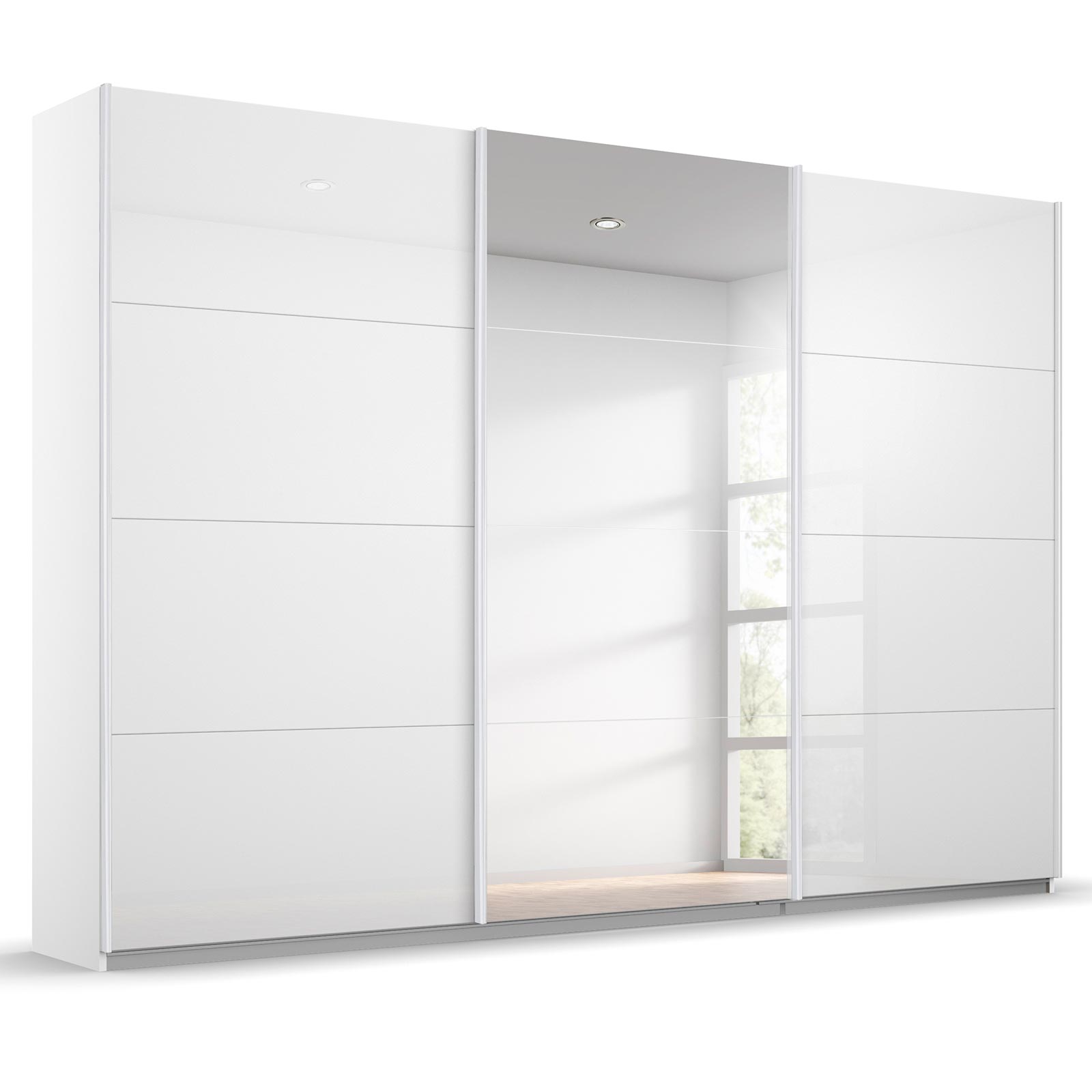 Schwebetürenschrank - weiß Hochglanz - mit Spiegel - 271x210 cm
