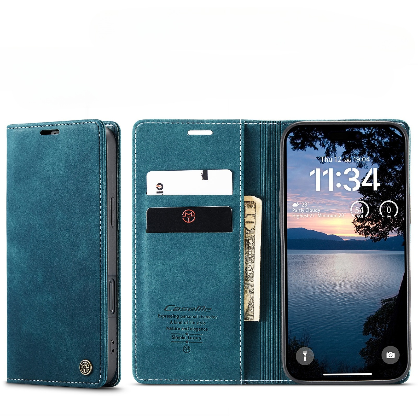 iPhone 17 Pro Leder Tasche Flip Wallet Etui mit Kartenfächern - Blaugrün