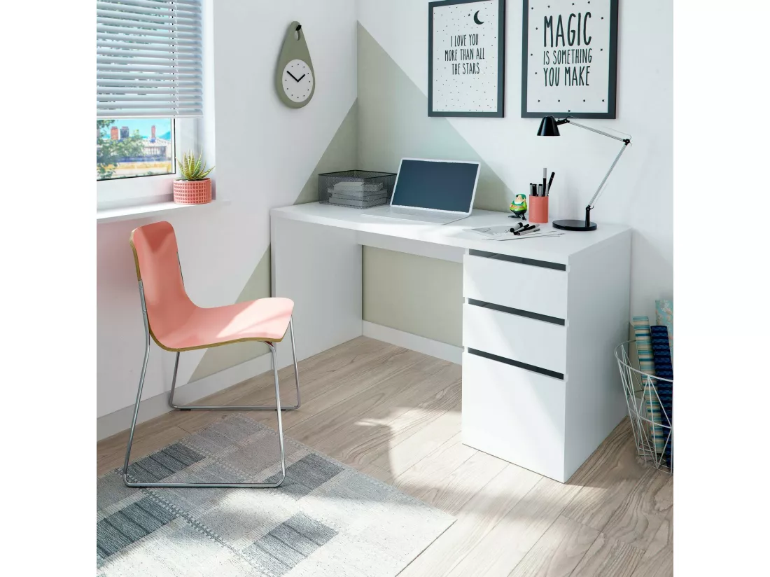 Bureau Dmallam, Bureau réversible avec 3 tiroirs, Table de bureau multi-positions gain de place, 138x60h74 cm, Blanc