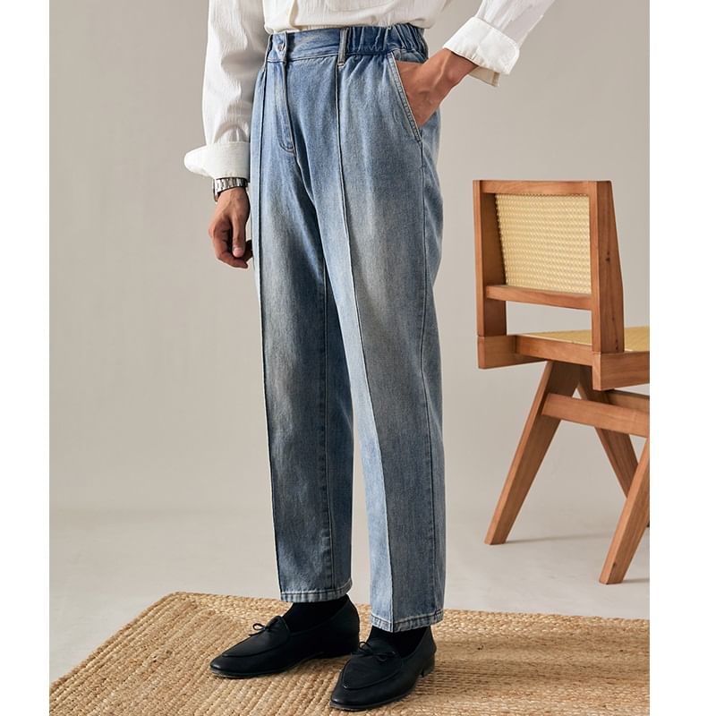 Zentrus - Mid Rise Washed Cropped Straight Leg Jeans / Effen Broek