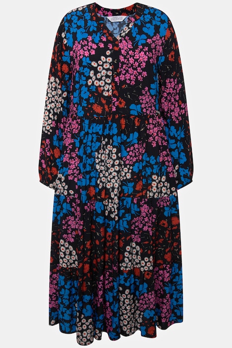 Maxikleid, Flower-Print, Stehkragen, Volants, Langarm
