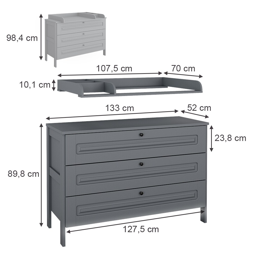 Vitalispa Wickelkommode Ajaton Grau 133 x 98,4 mit 3 Schubladen