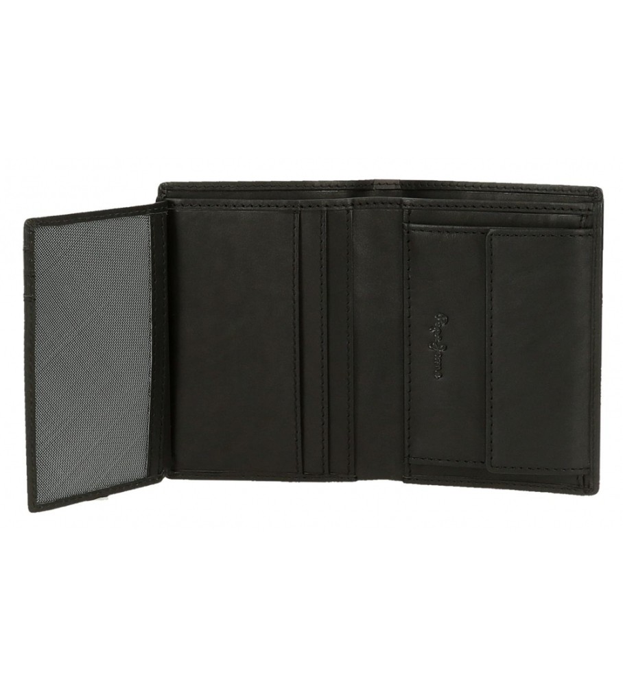 Carteira vertical Pepe Jeans Marshal em couro com porta-moedas, preta.