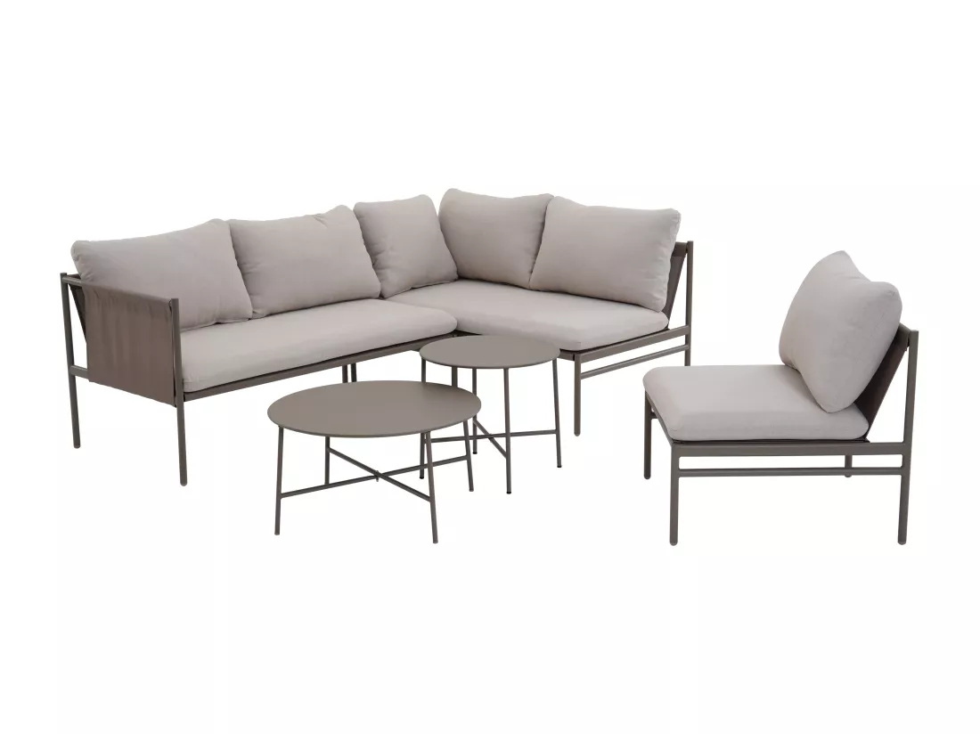 Salon de jardin modulable en acier : un canapé d'angle 5 places et tables basses gigognes - Taupe - ULAME de MYLIA