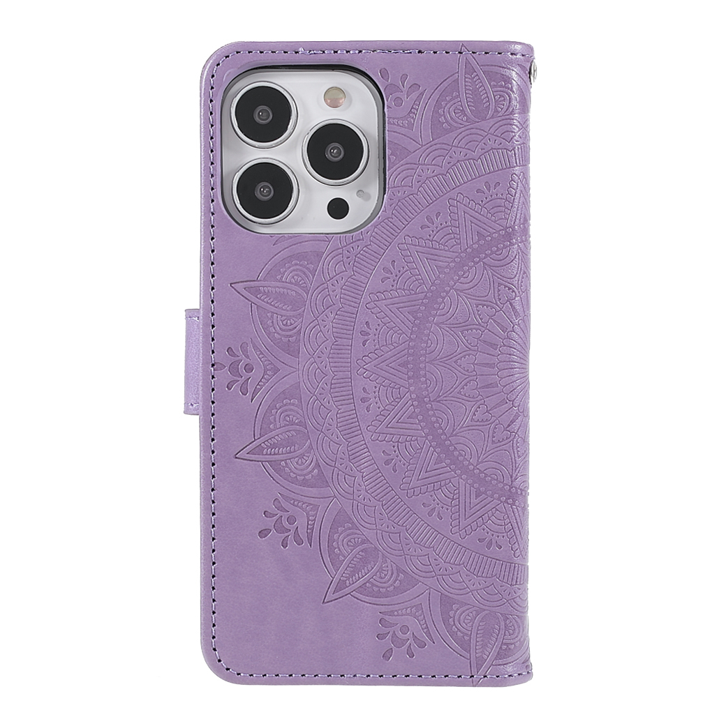 iPhone 13 Pro Leder Tasche Wallet - Mandala Flowers Imprint - Lila