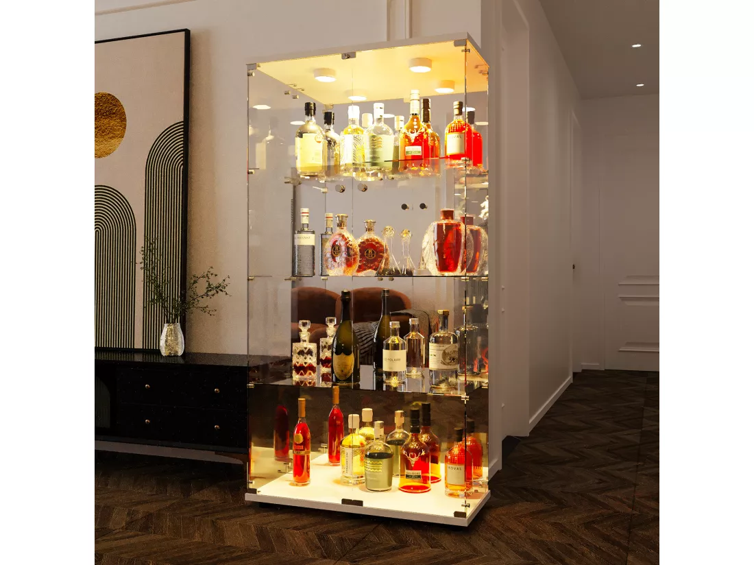 Vitrine en verre 163.9 x 36.49 x 80.49 cm,avec étagères et éclairage LED, armoire de curiosités à double porte