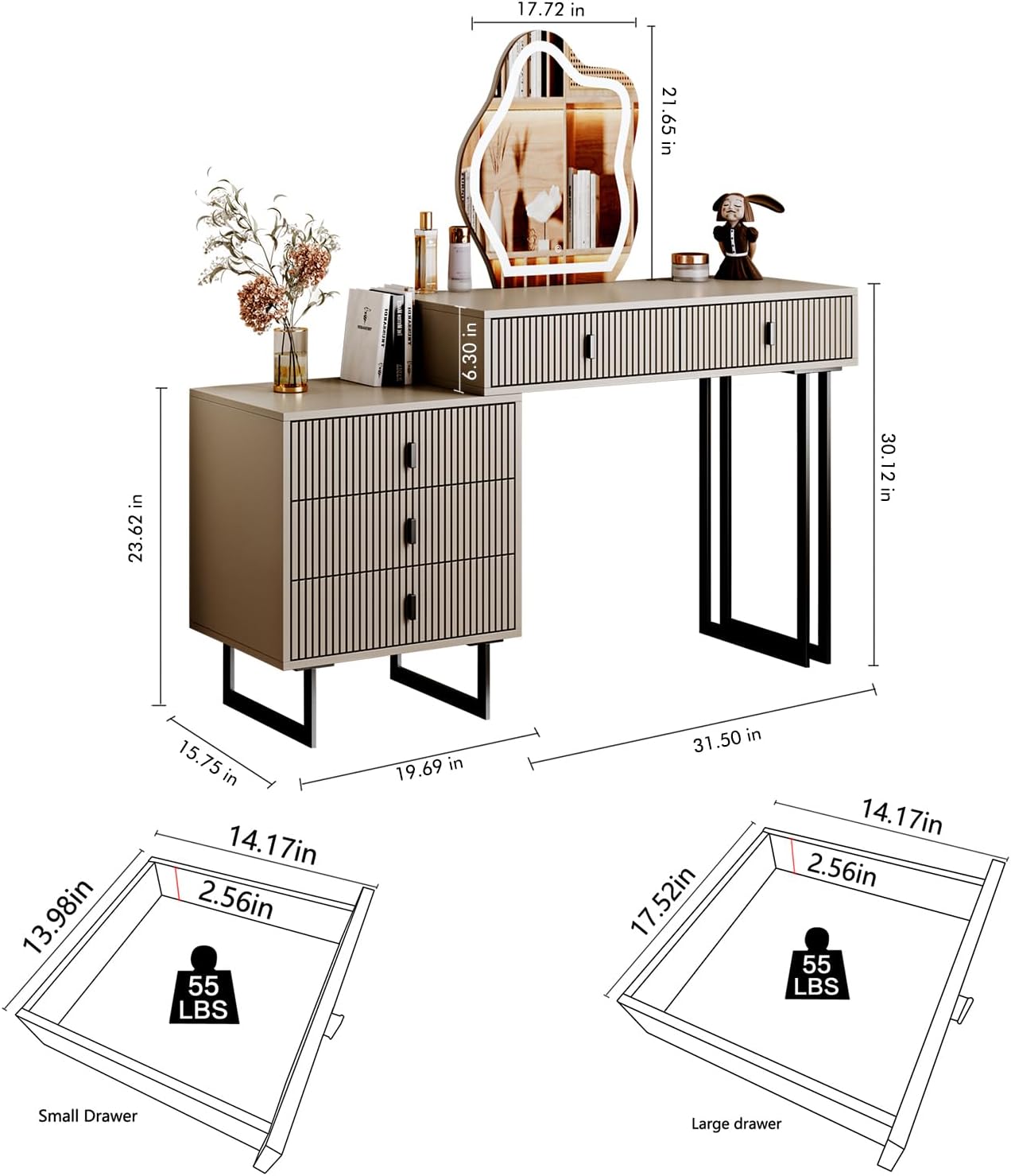 Cômoda leejdn com espelho regulável com tela sensível ao toque de 3 cores, penteadeira moderna para maquiagem com armários ajustáveis e 4 gavetas deslizantes, ideal para lavabo e quarto.