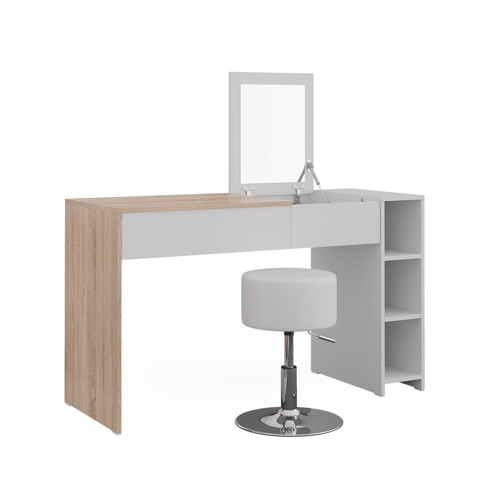 Vicco Schminktisch Kira, 129 x 76 cm, Weiß Sonoma, Frisiertisch, Spiegel, Hocker, modern