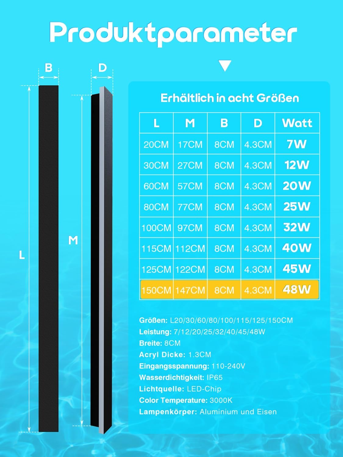 Lange Wandleuchte Villa Wandleuchte Schwarz Wandleuchte LED Außen Aluminium Acryl Wasserdicht IP65 für Gärten, Terrassen, Schlafzimmer, Wandleuchte Innen Wohnzimmer, 150 cm, 48 W