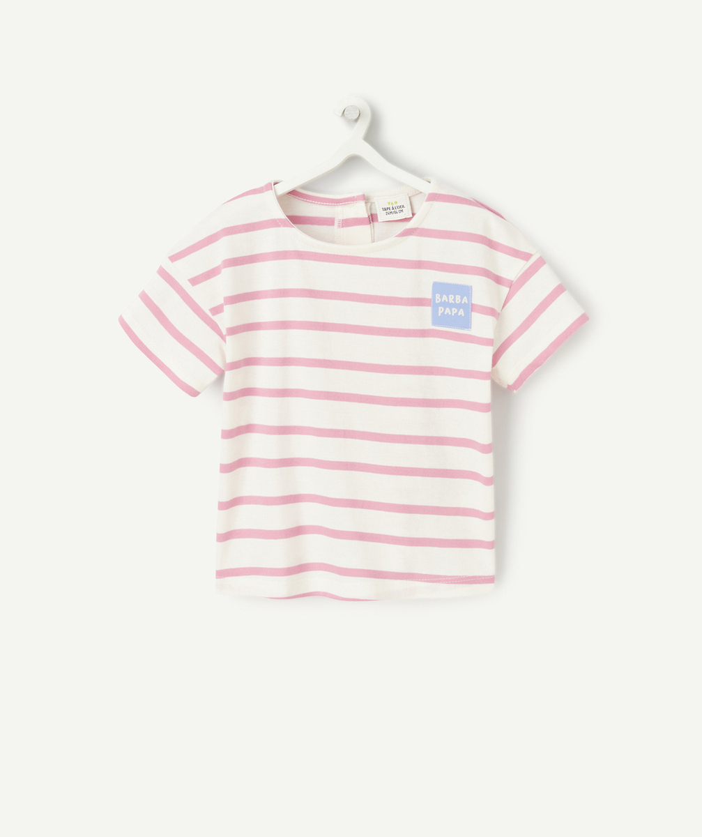T-SHIRT BÉBÉ FILLE EN COTON BIO RAYÉ ROSE AVEC PATCH BLEU