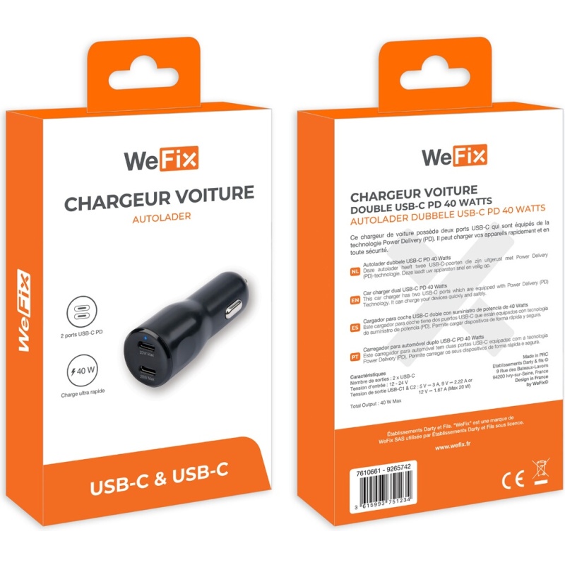 Accessoire téléphonie pour voiture Wefix Chargeur allume cigare 40w double USB-C